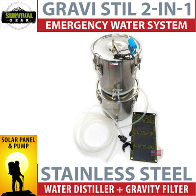 Gravi Stil 2-in-1 Survival Water System (Water Distiller + Gravity Water Filter) with Solar Panel and Pump